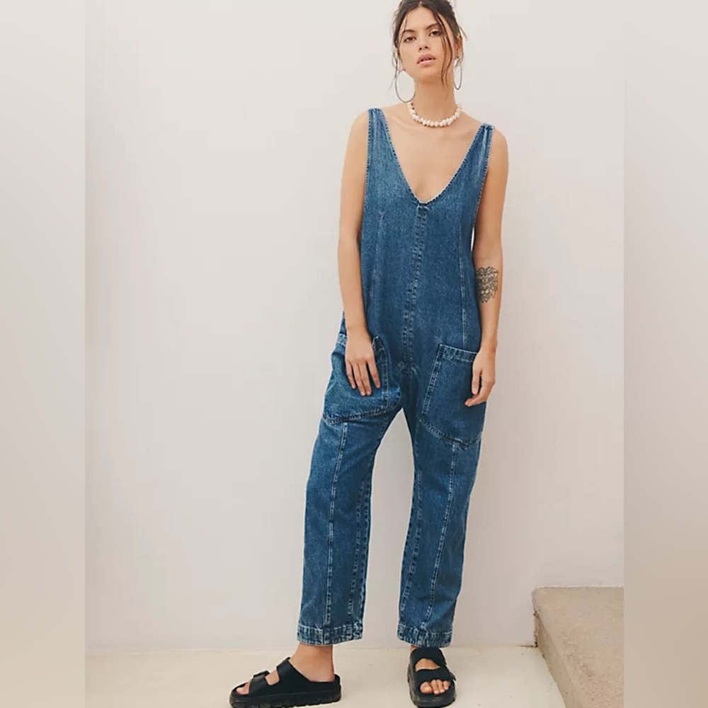 FREE PEOPLE High Roller Jumpsuit Blue Denim Overalls with Front Patch Pockets